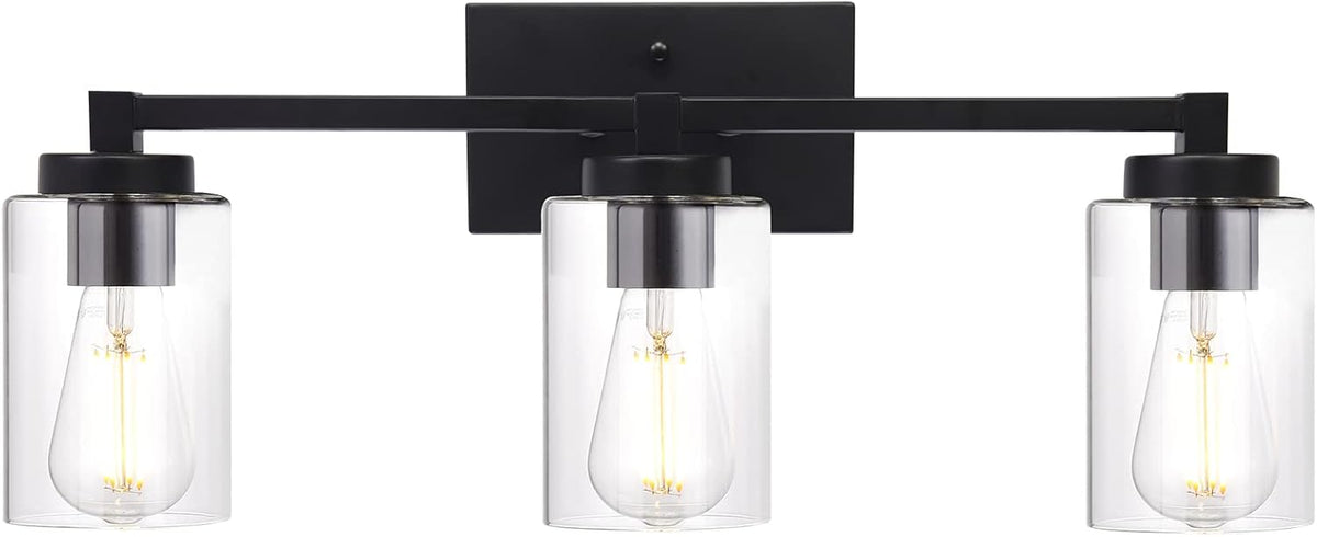 3 Light Matte Black Metal Vanity Light with Clear Glass Shade R3837