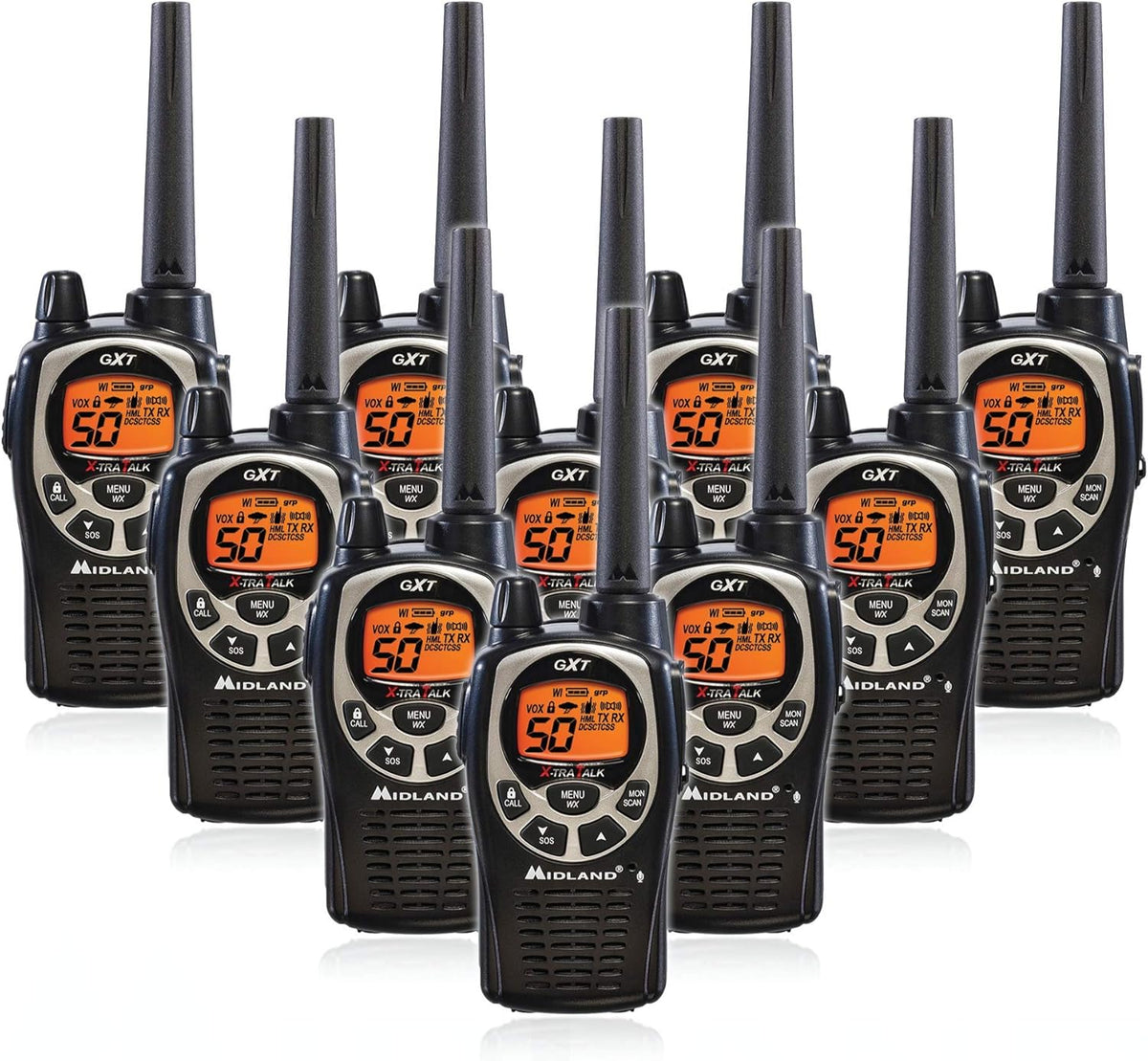 GMRS Two Way Radio with NOAA Weather Scan, 50 Channels, Black/Silver, 10 Radios L230