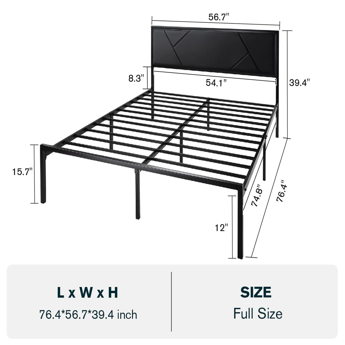 Black Queen Size Metal Platform Bed Frame with Leather Headboard C4366