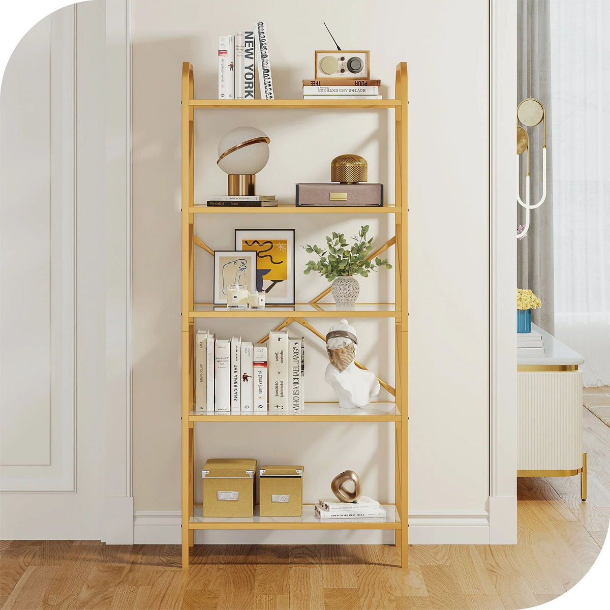 5-Tier 62-inch Gold Metal and Glass Bookshelf H717025