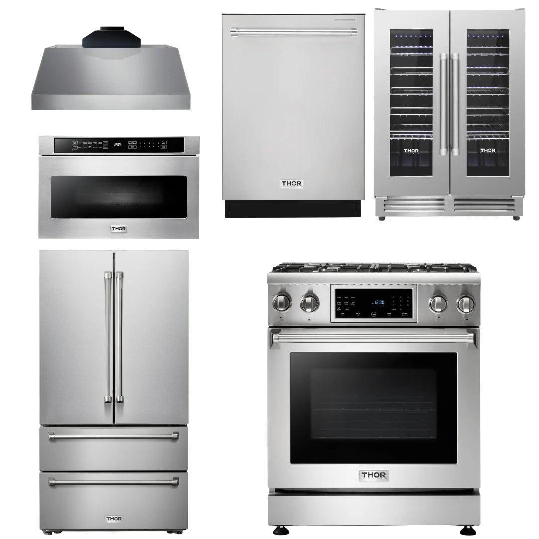 30 In. Gas Range, Range Hood, Microwave Drawer, Refrigerator, Dishwasher, Wine Cooler O223