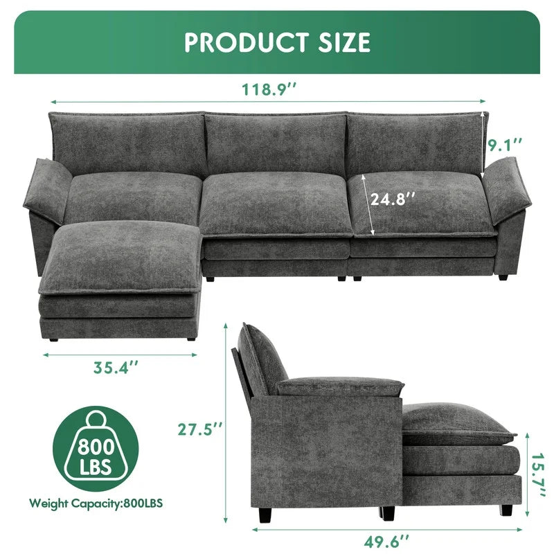 3 Seats L-Shaped Sectional Sofa with Movable Ottoman C662082