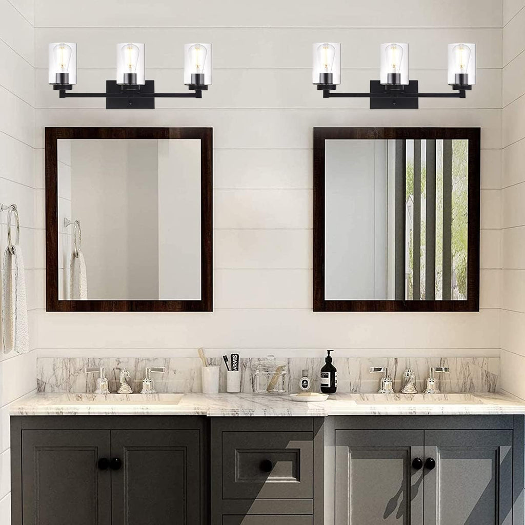 3 Light Matte Black Metal Vanity Light with Clear Glass Shade R3837