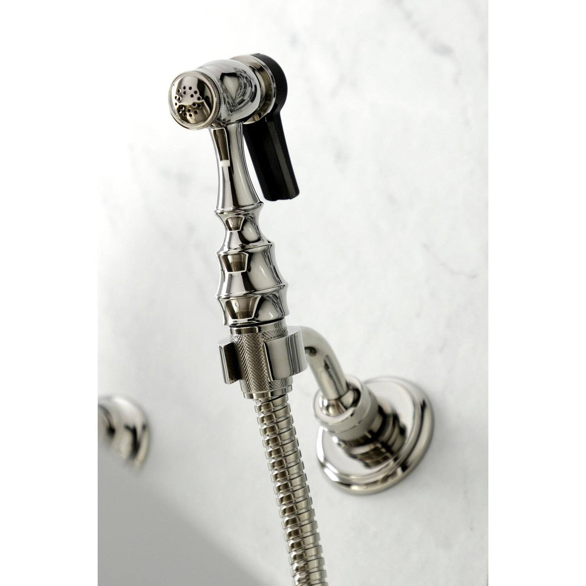 Polished Chrome Two-Handle Wall Mount Kitchen Faucet with Sprayer B197