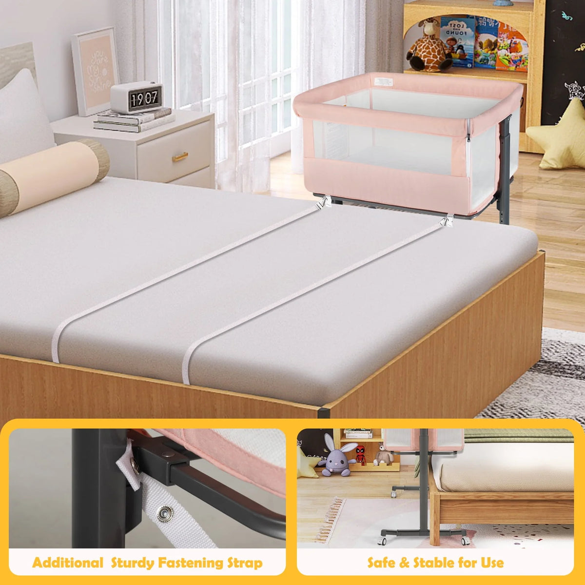 Baby Bassinet with Wheels Adjustable Bedside Sleeper Grey G980485