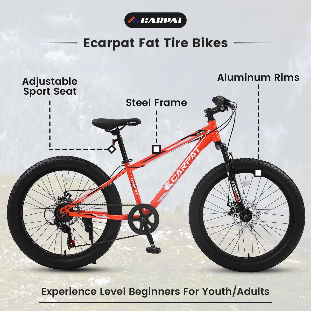 24 inch Fat Tire Mountain Bike, 7 Speeds, Dual Disc Brake, Orange B90532