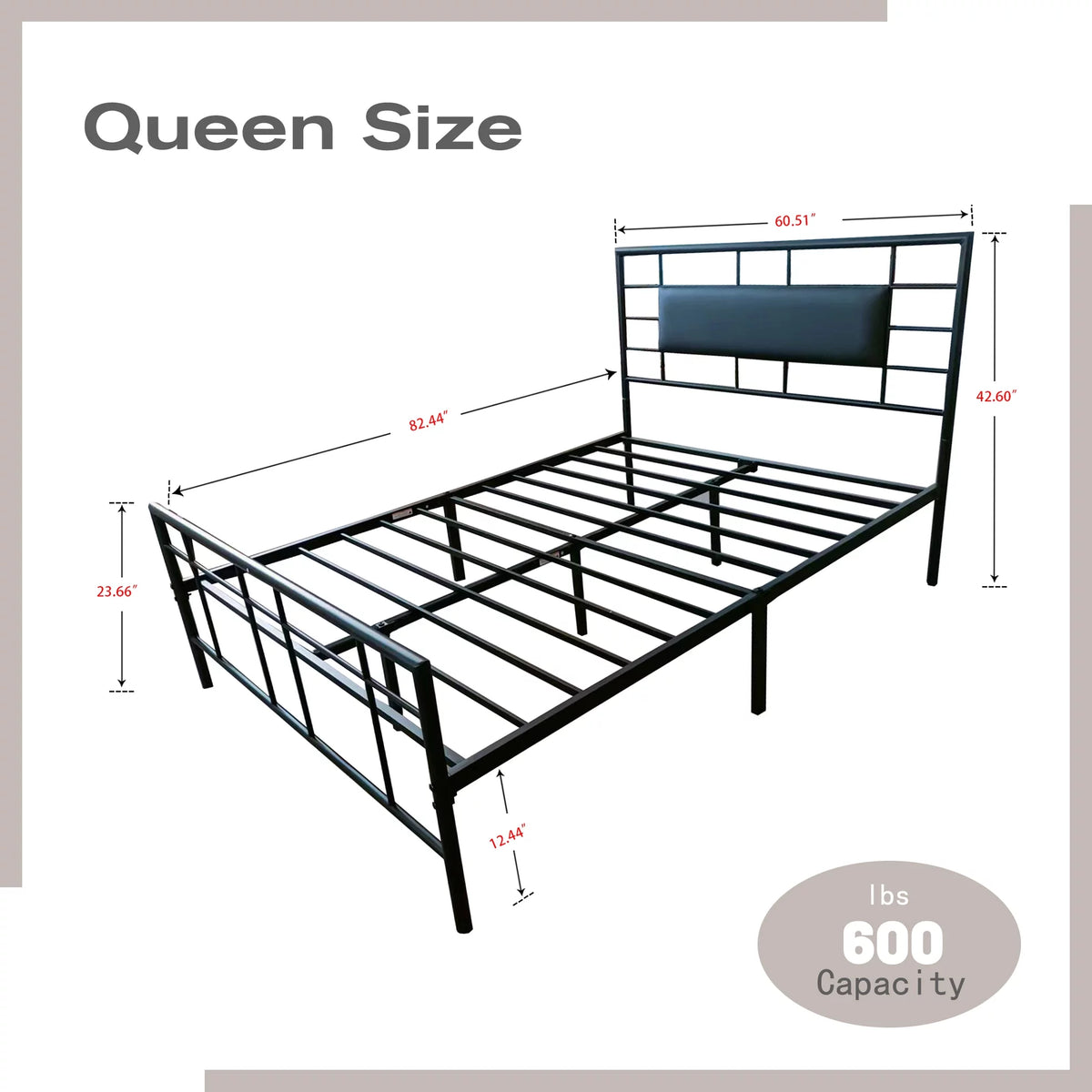 Queen Size Black Metal Platform Bed Frame with Leather Upholstered Headboard O283045