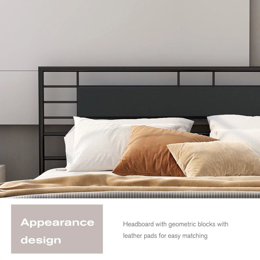 Queen Size Black Metal Platform Bed Frame with Leather Upholstered Headboard O283045