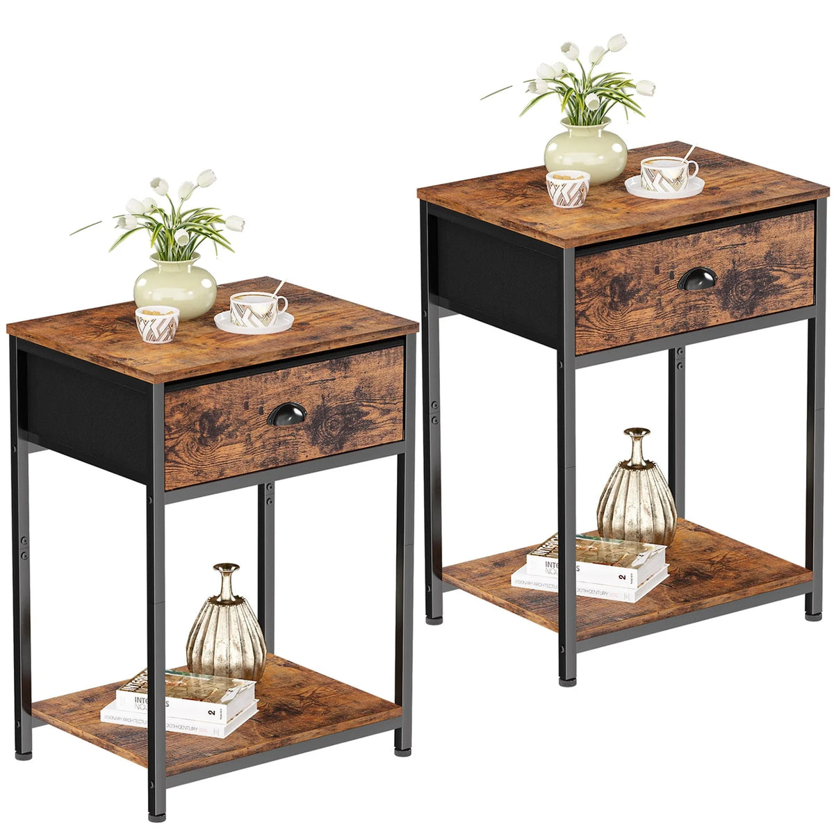 Set of 2 Nightstands with Fabric Drawer & Storage Shelf P52997
