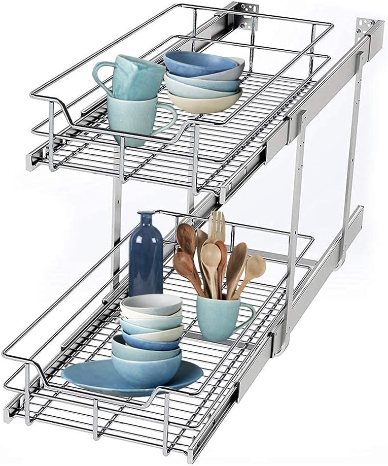 2 Tier Wire Pull Out Organizer Shelf Sliding Drawer Storage E30078