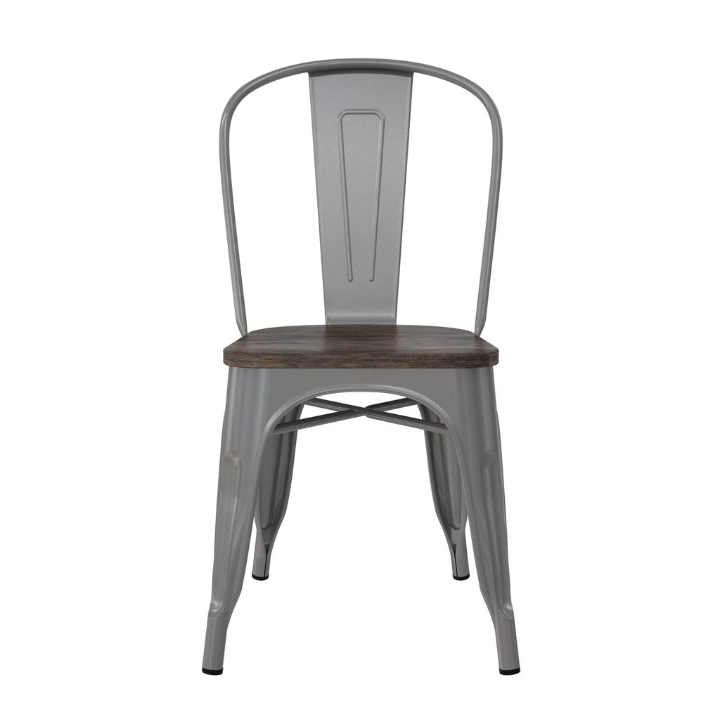 Stackable Metal Dining Chair with Wood Seat, Silver, Set of 2 E87231