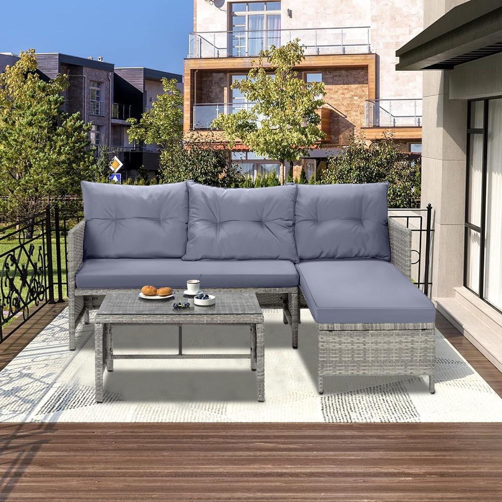4 Piece PE Rattan Patio Sofa Set with Glass Table U995793