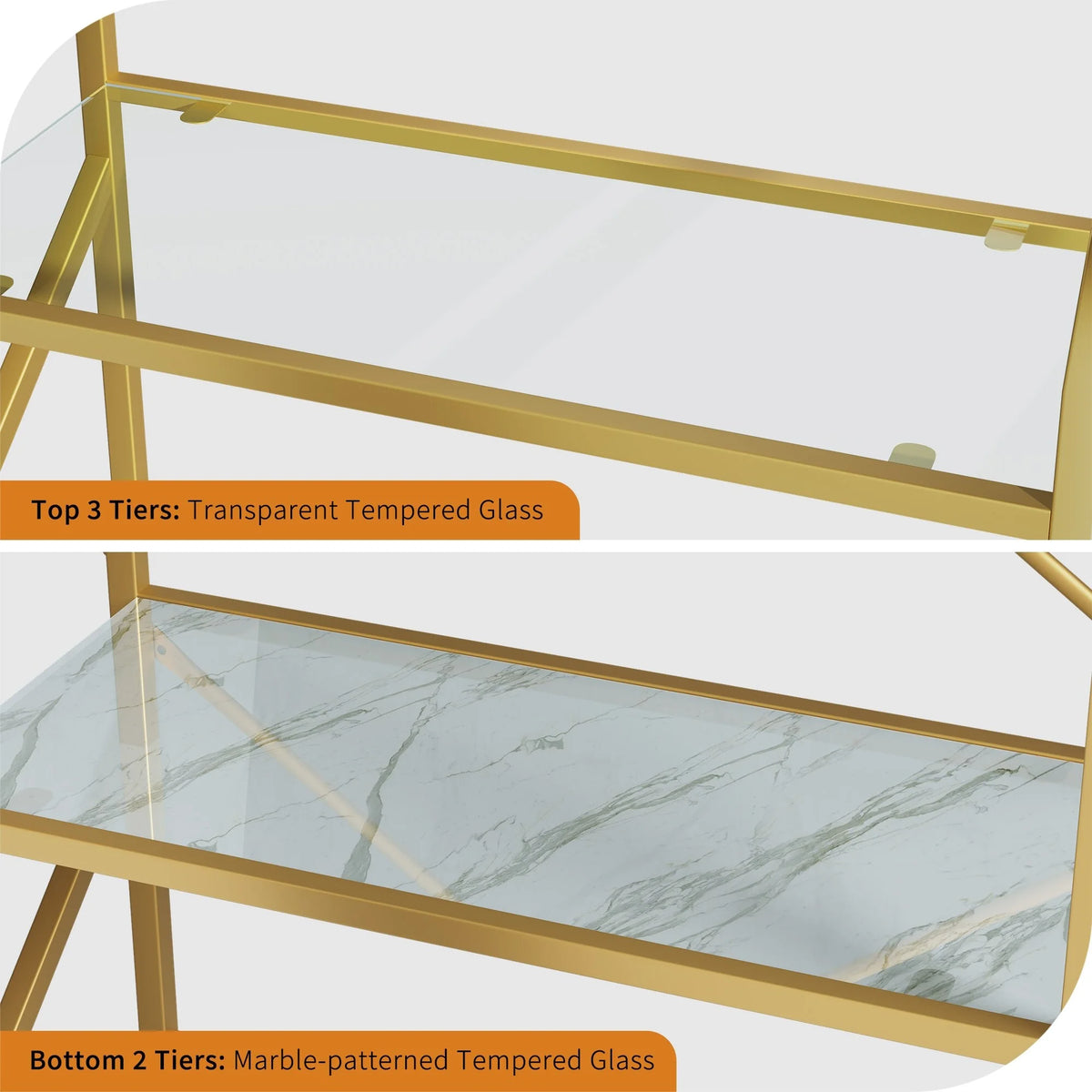 5-Tier 62-inch Gold Metal and Glass Bookshelf H717025
