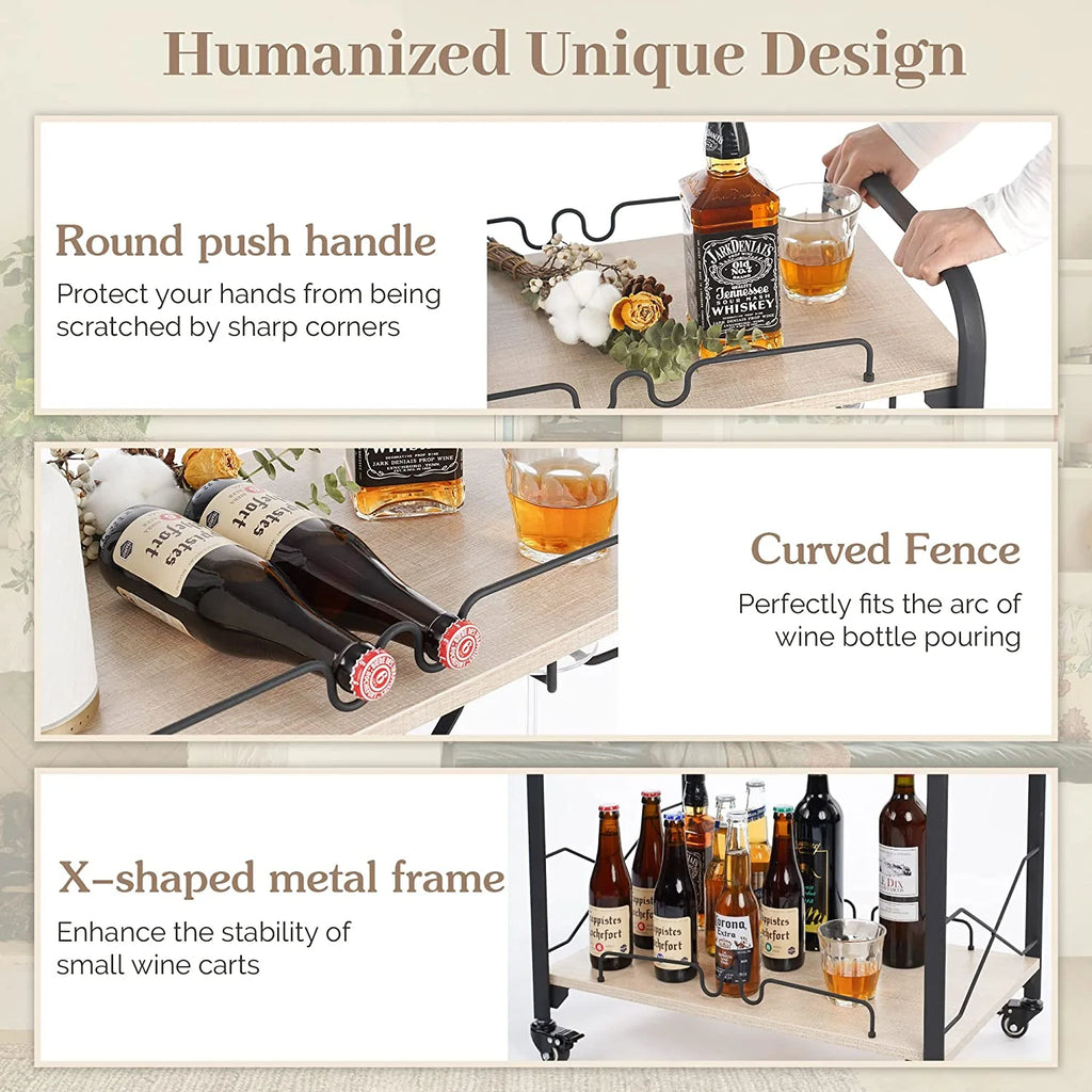 2-Tier Mobile Bar Cart with Wine Racks and Glass Holders D200322