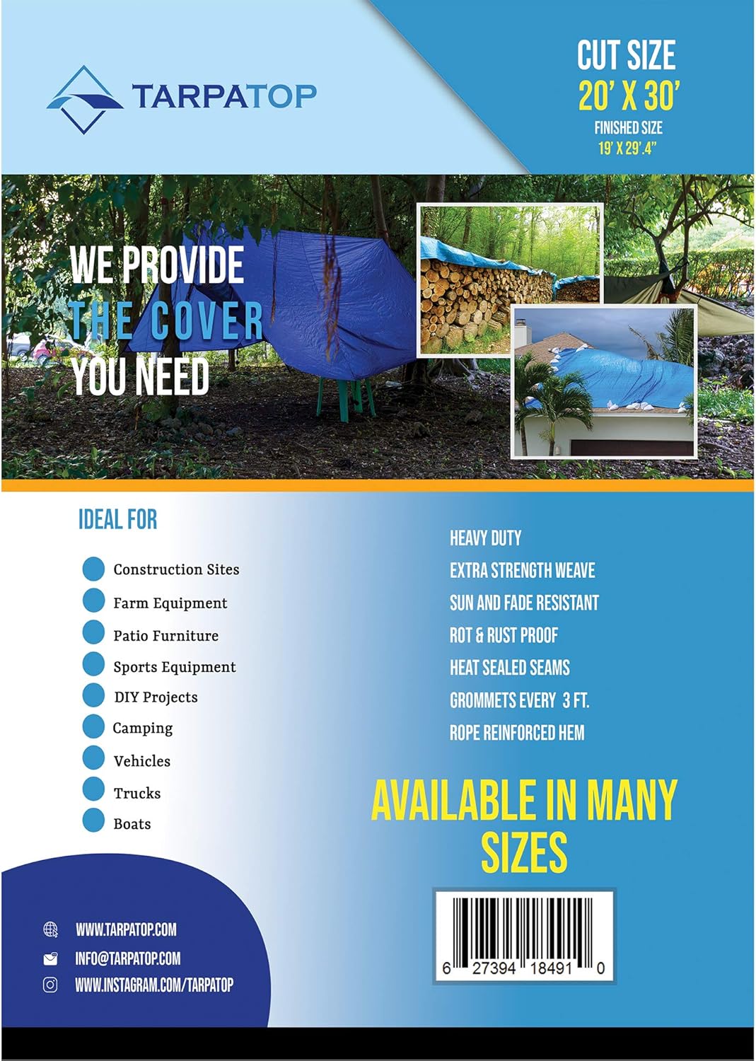 30X40 Waterproof Multi-Purpose Poly Tarp Blue H52081