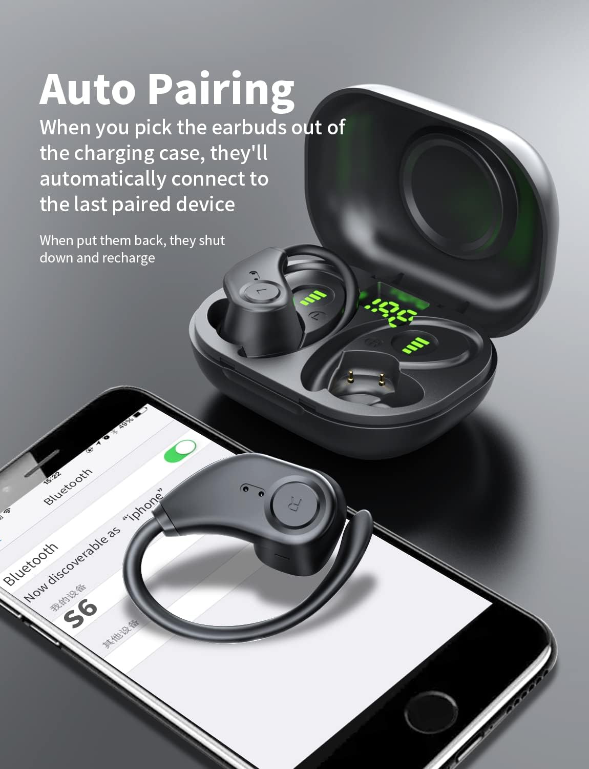 Black Wireless Earbuds with LED Display Charging Case Pack of 2 H349
