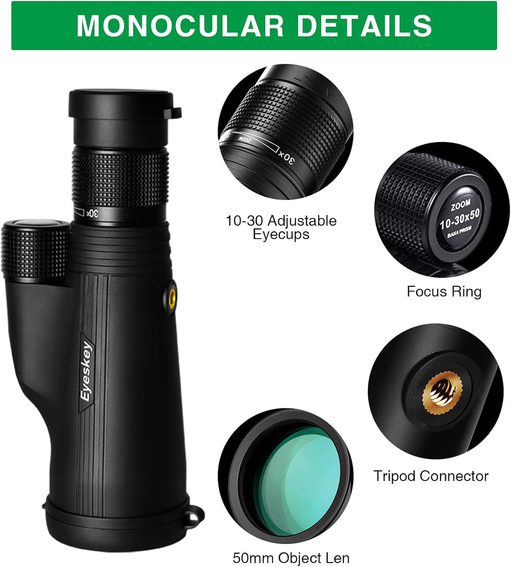 10-30X50 HD BAK4 Prism Monocular Telescope with Smartphone Adapter & Tripod C36776