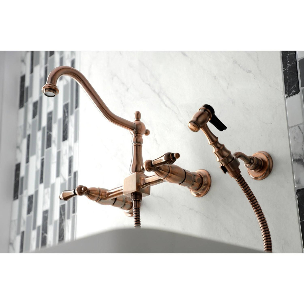 Polished Chrome Two-Handle Wall Mount Kitchen Faucet with Sprayer B197