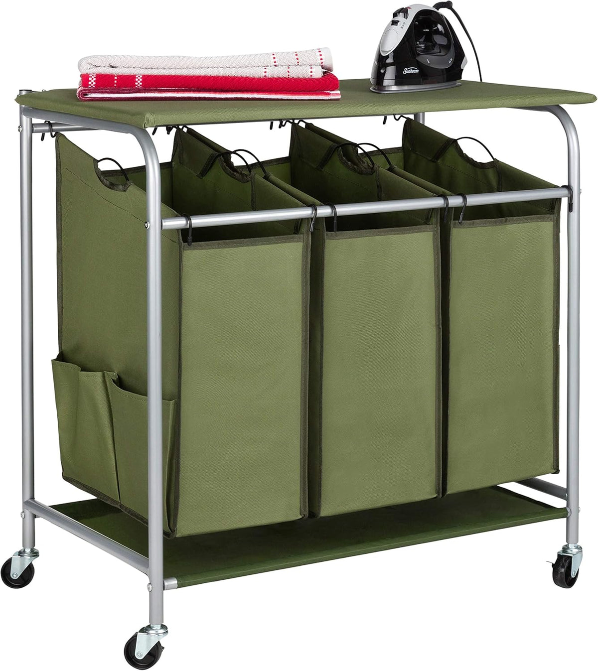 Rolling Laundry Hamper Cart with Ironing Board Top, 3 Section Sorter L536