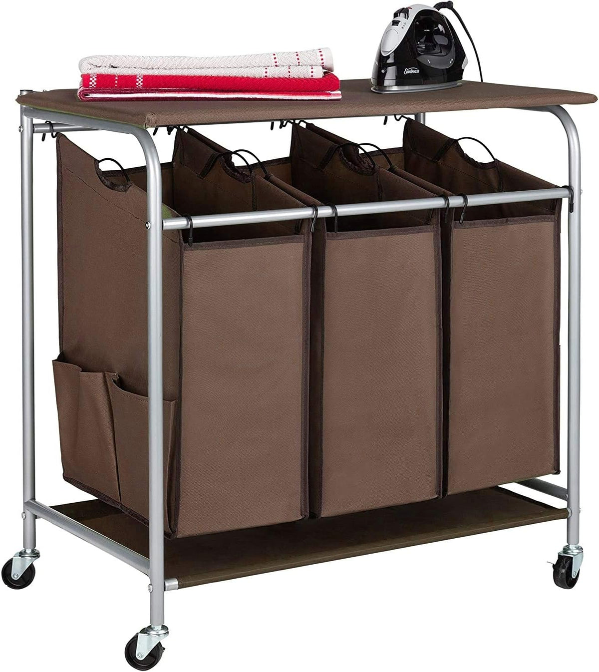 Rolling Laundry Hamper Cart with Ironing Board Top, 3 Section Sorter L536