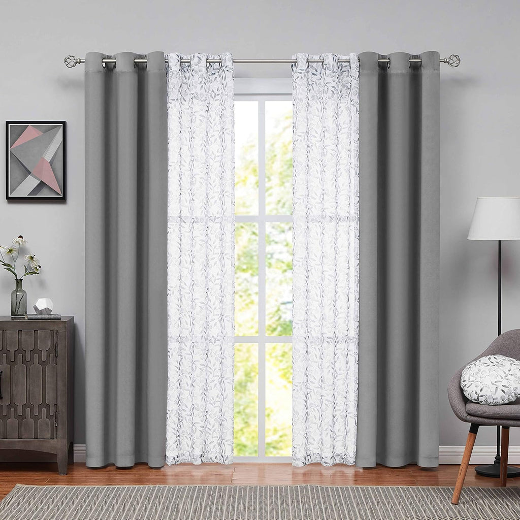 Grey Velvet Floral Sheer Curtains 63 inch 4 Pieces Set N1479