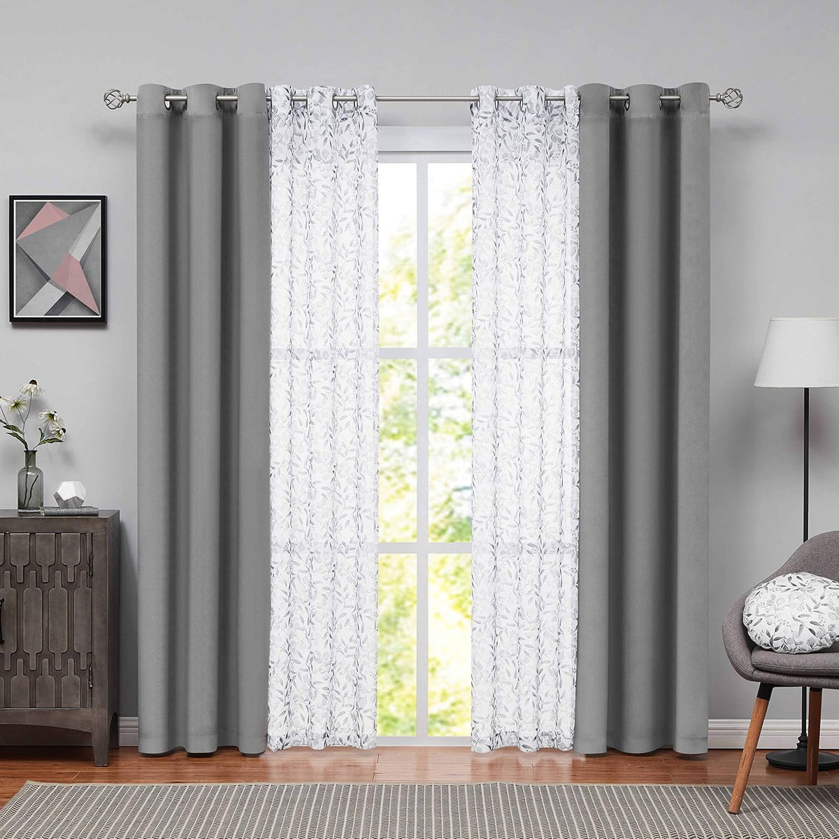 Grey Velvet Floral Sheer Curtains 63 inch 4 Pieces Set N1479
