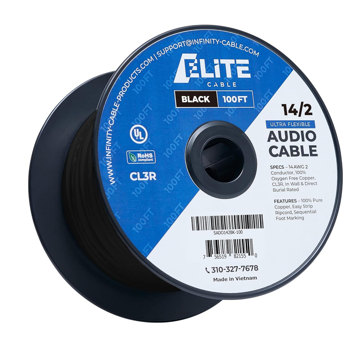 12AWG/2-Conductor Oxygen Free Bare Copper Speaker Wire Cable, 100ft Black T980300
