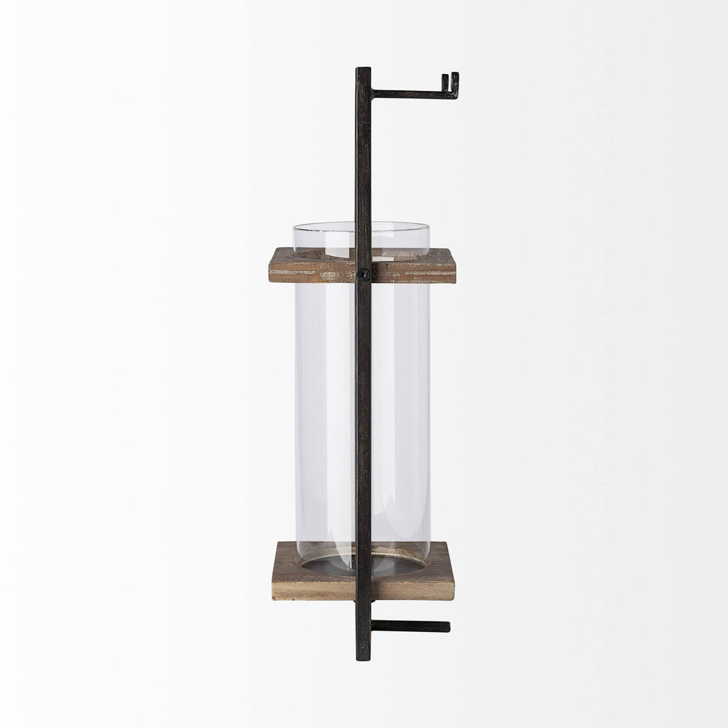 Black Metal Brown Wood Wall Mounted Candle Holder X443