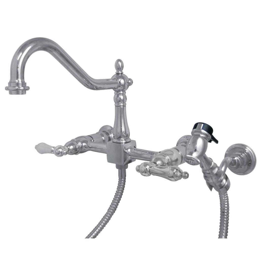 Polished Chrome Two-Handle Wall Mount Kitchen Faucet with Sprayer B197