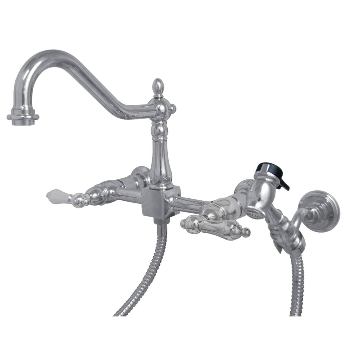 Polished Chrome Two-Handle Wall Mount Kitchen Faucet with Sprayer B197