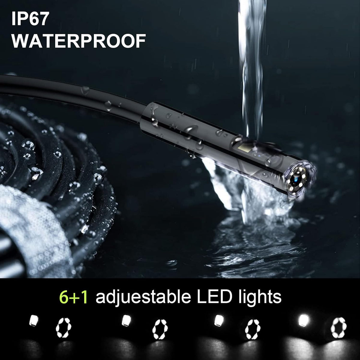 Dual Lens Video Endoscope Camera with Lights, 1080P Borescope Inspection Camera, 8 mm IP67 Waterproof, 16.5FT Semi-Rigid Cable, 32GB Card J626