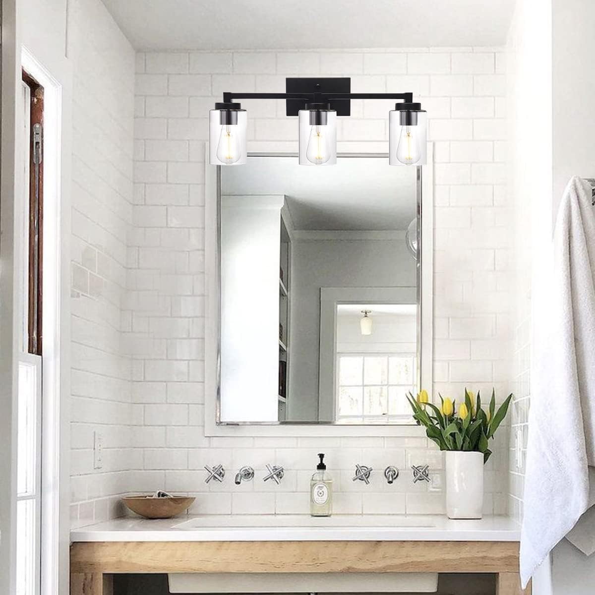 3 Light Matte Black Metal Vanity Light with Clear Glass Shade R3837