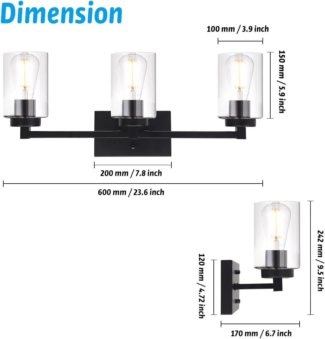 3 Light Matte Black Metal Vanity Light with Clear Glass Shade R3837
