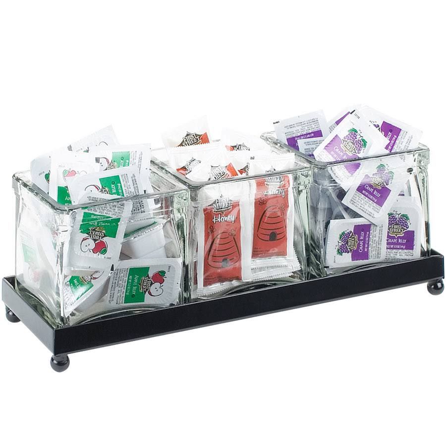 3 Section Glass Condiment Jar Display with Wire, Black Q9969
