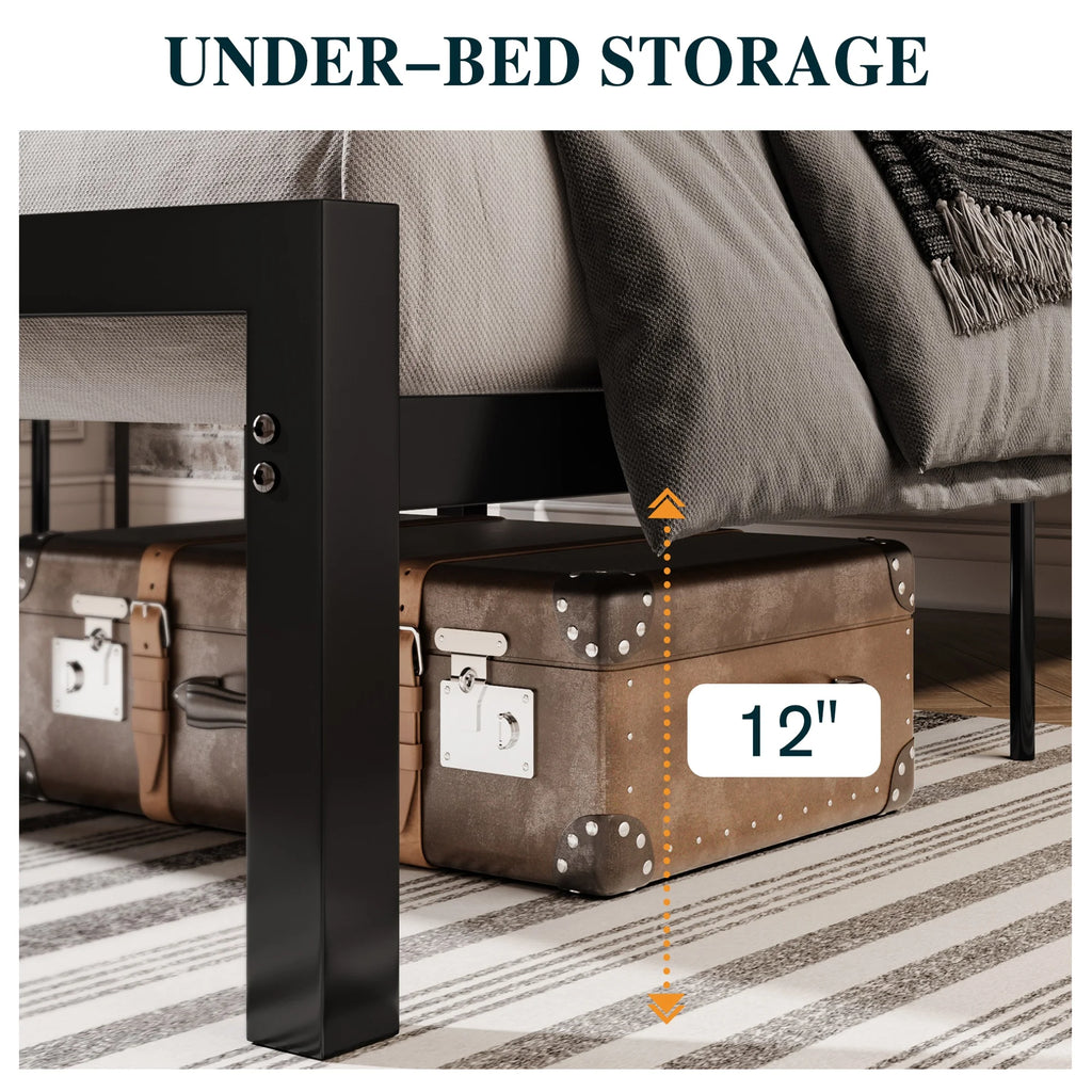 Black Queen Size Metal Platform Bed Frame with Leather Headboard C4366