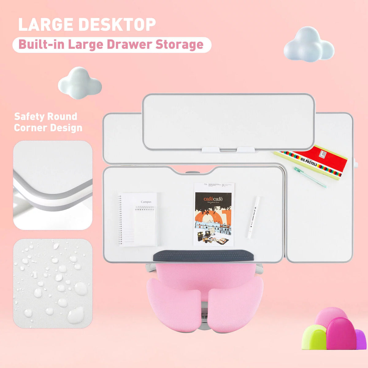 Kids Study Desk and Chair Set Adjustable with Drawer and Bookstand Pink S96106