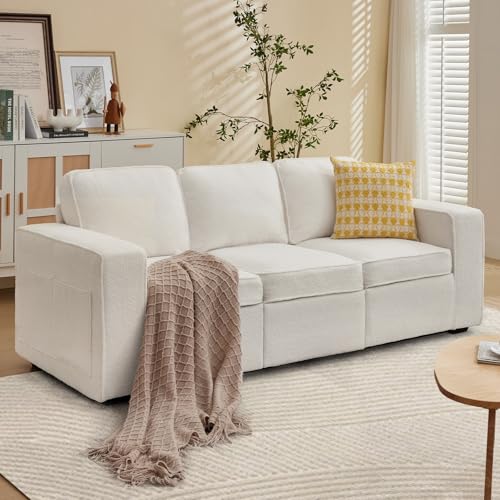 80'' Grey Linen 3-Seater Sofa with Side Pocket D541