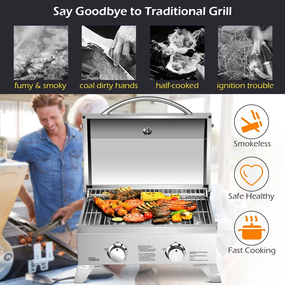 2 Burner Portable Propane Gas Grill Stainless Steel O583