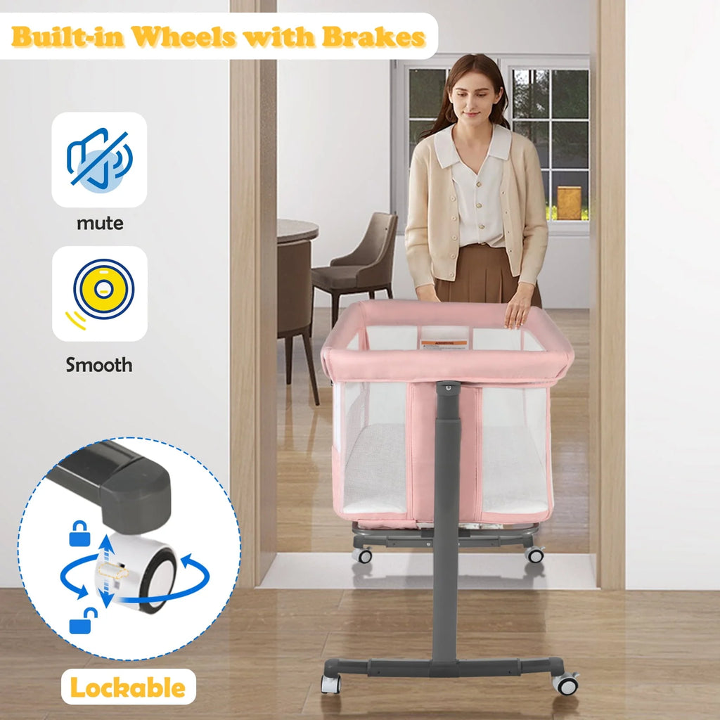 Baby Bassinet with Wheels Adjustable Bedside Sleeper Grey G980485