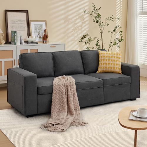 80'' Grey Linen 3-Seater Sofa with Side Pocket D541