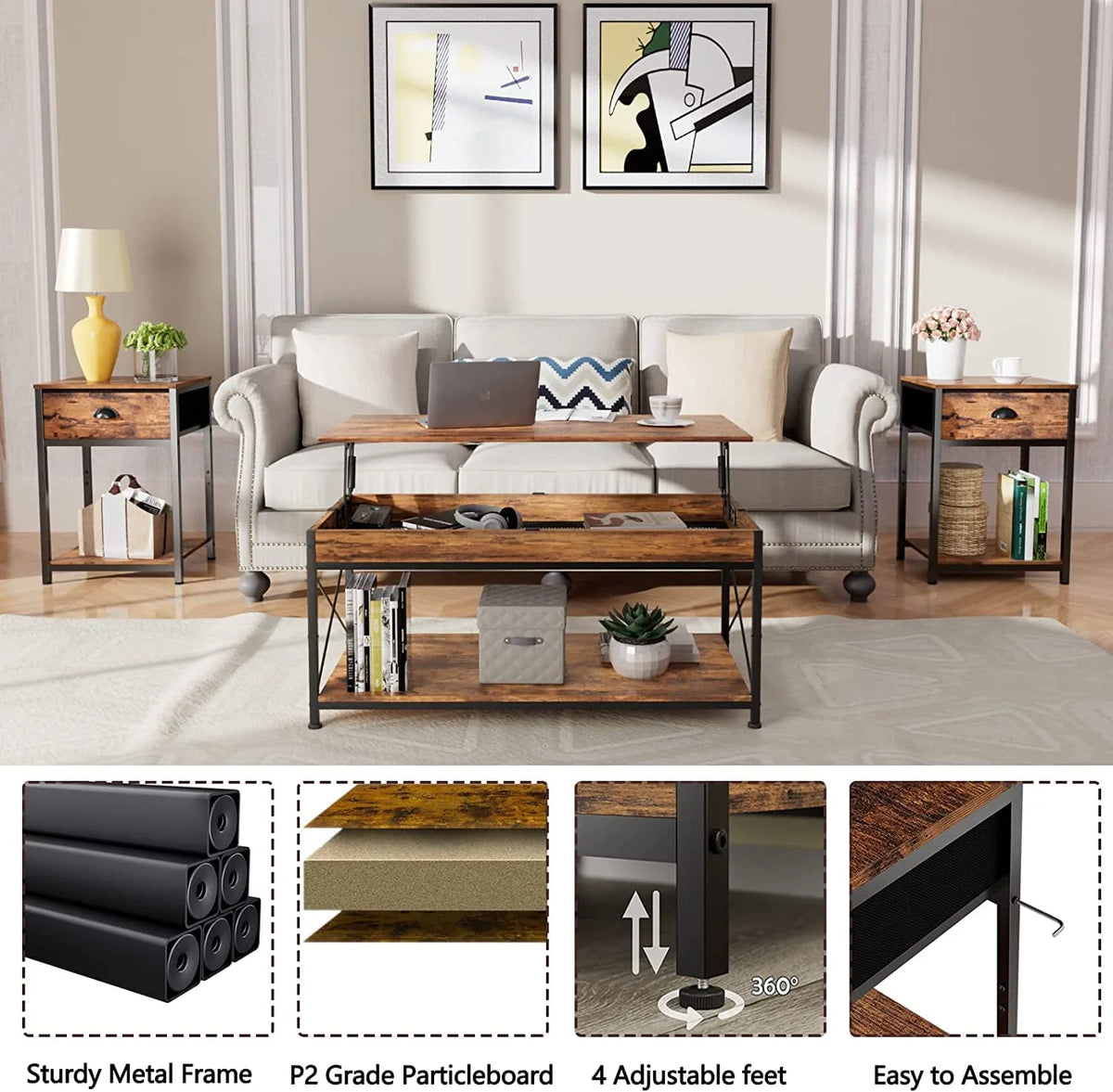 Set of 2 Nightstands with Fabric Drawer & Storage Shelf P52997