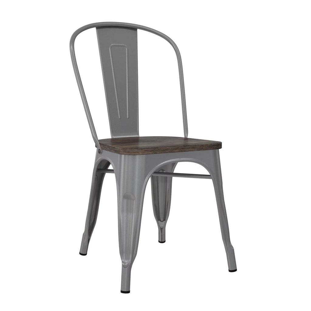 Stackable Metal Dining Chair with Wood Seat, Silver, Set of 2 E87231