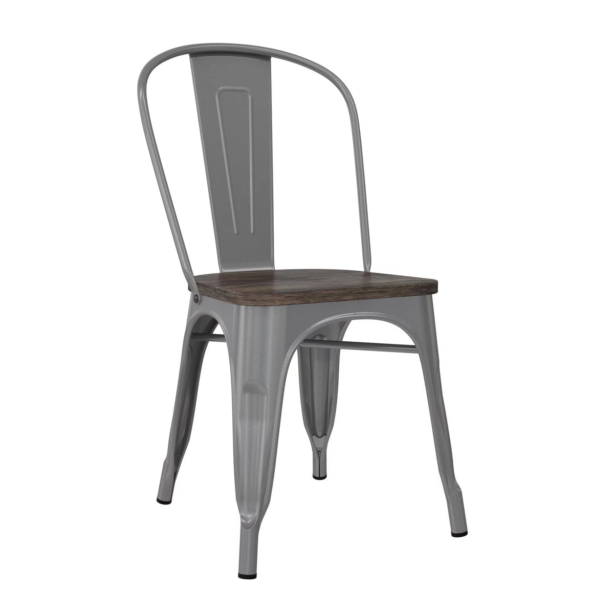 Stackable Metal Dining Chair with Wood Seat, Silver, Set of 2 E87231