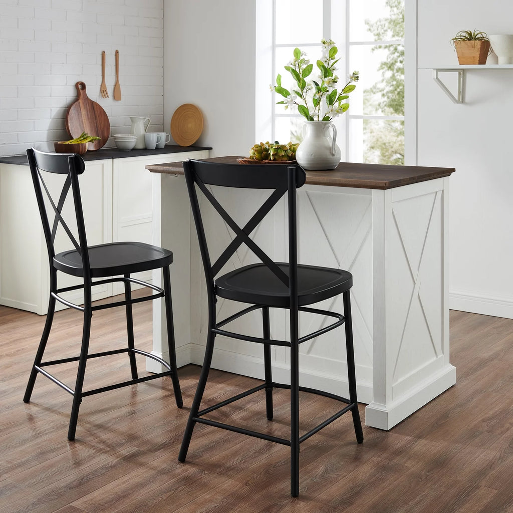 Distressed White/Black Kitchen Island & 2 Stools U476