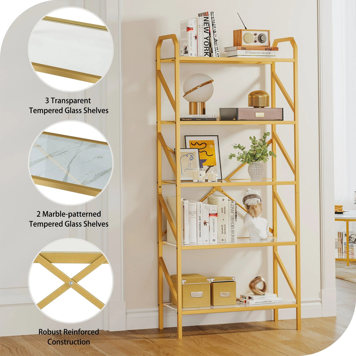 5-Tier 62-inch Gold Metal and Glass Bookshelf H717025