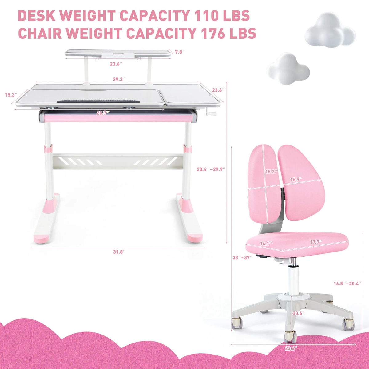 Kids Study Desk and Chair Set Adjustable with Drawer and Bookstand Pink S96106