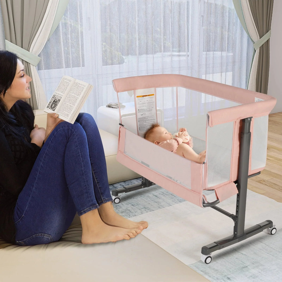 Baby Bassinet with Wheels Adjustable Bedside Sleeper Grey G980485