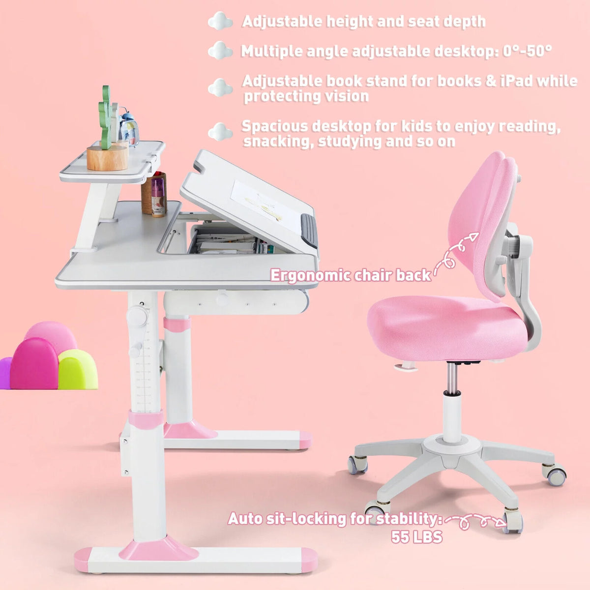 Kids Study Desk and Chair Set Adjustable with Drawer and Bookstand Pink S96106