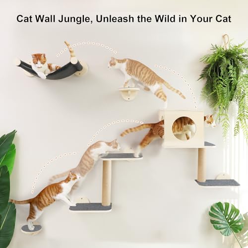 5-Piece Wooden Cat Wall Shelves with Hammock U3580