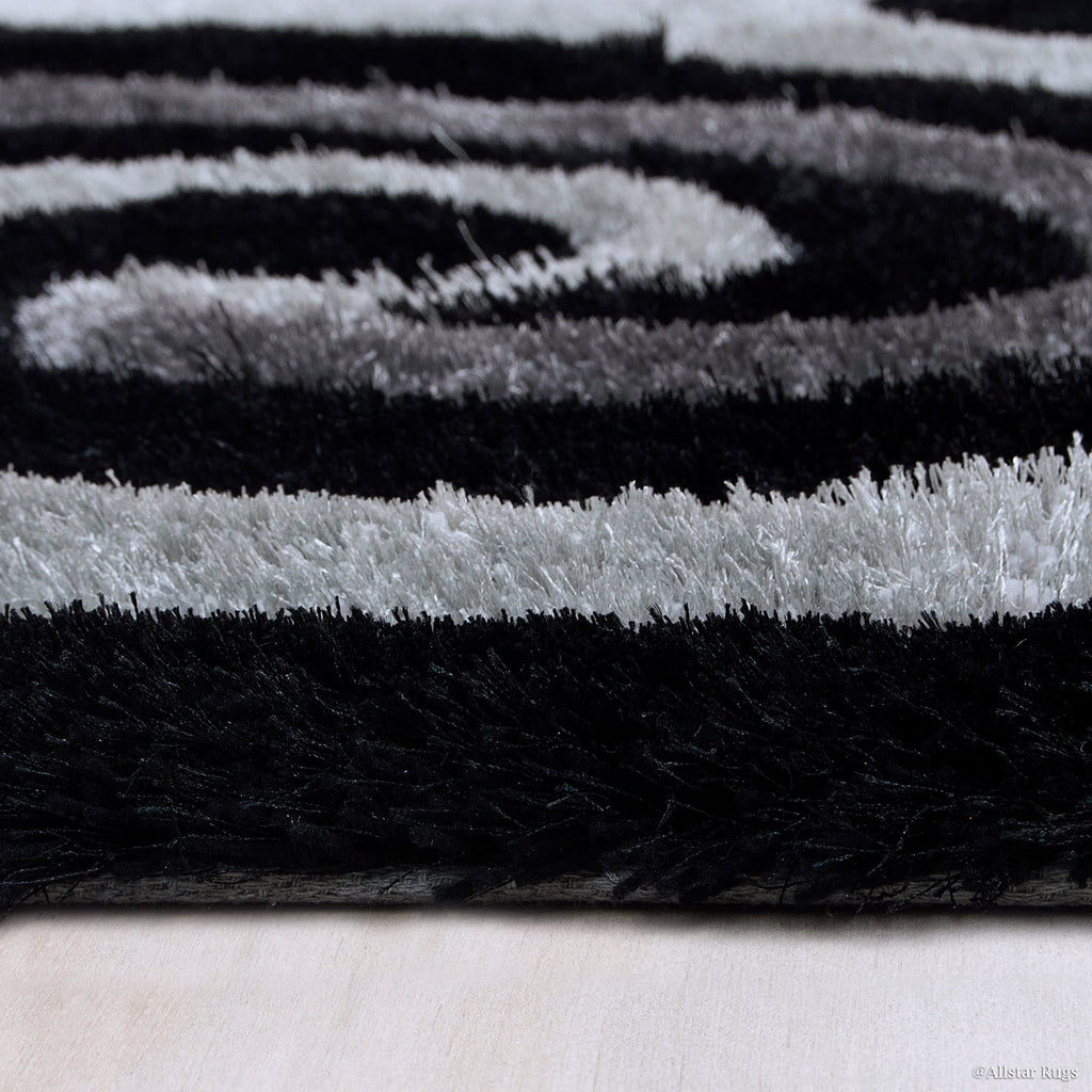 Grey Shaggy Area Rug with 3D Black Spiral Design 5' x 7' W45948